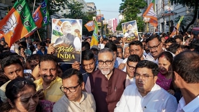 BJP leader Tapas Roy, centre, along with party leaders and workers during a protest against Congress President Mallikarjun Kharge over his alleged derogatory remarks against PM Modi, in Kolkata, Monday, Oct. 26, 2026. (PTI) BJP leader Tapas Roy, centre, along with party leaders and workers during a protest against Congress President Mallikarjun Kharge over his alleged derogatory remarks against PM Modi, in Kolkata, Monday, Oct. 26, 2026. (PTI)