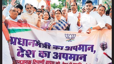 Haryana BJP president Archana Gupta at a party protest in Rohtak on Monday. (HT Photo) Haryana BJP president Archana Gupta at a party protest in Rohtak on Monday. (HT Photo)