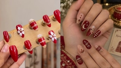 Crescent moons, diyas and pearl accents bring a Karwa Chauth twist to this season’s press-on nail designs. (Instagram) Crescent moons, diyas and pearl accents bring a Karwa Chauth twist to this season’s press-on nail designs. (Instagram)