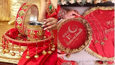 Couple photographs, embroidered motifs and coordinated colours add a personal touch to Karwa Chauth thali sets Couple photographs, embroidered motifs and coordinated colours add a personal touch to Karwa Chauth thali sets