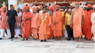 In this image received on Oct. 20, 2026, Uttar Pradesh Chief Minister Yogi Adityanath led the traditional Vijayadashami procession from Gorakhnath Temple during Vijaydashmi festival. (Handout via PTI Photo) (PTI/Handout Photo)