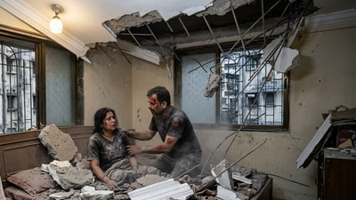 A bedroom ceiling collapsed on a couple inside their Koparkhairane flat on October 25, bringing down chunks of concrete, plaster of Paris (POP) and broken steel reinforcement bars. (Photo for representational purposes only) (Gemini-generated photo) A bedroom ceiling collapsed on a couple inside their Koparkhairane flat on October 25, bringing down chunks of concrete, plaster of Paris (POP) and broken steel reinforcement bars. (Photo for representational purposes only) (Gemini-generated photo)