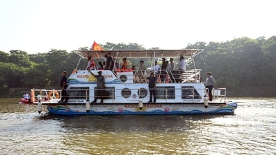 Gram it: The Yamuna Ferry was recently under inspection at Sonia Vihar Sports Club. This service is to be launched soon, ahead of Chhath Puja (November 13-16), in Delhi. According to government officials, the one-hour cruise will operate between Sonia Vihar and Jagatpur, covering a 5-km stretch of the river and offering passengers some panoramic views of the ghats as well as the natural landscape along the riverbanks. The tickets are likely to be priced at around  ₹500 per person. (Photo: Vipin Kumar/Hindustan Times)