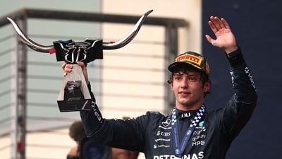 Andrea Kimi Antonelli of Italy and Mercedes AMG Petronas F1 Team celebrates on the podium. (Getty Images via AFP) Andrea Kimi Antonelli of Italy and Mercedes AMG Petronas F1 Team celebrates on the podium. (Getty Images via AFP)