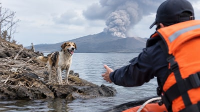 Representative image of a stranded dog awaiting rescue near a volcanic island after a major eruption, with rescuers approaching by boat. (AI-generate/ ChatGPT) Representative image of a stranded dog awaiting rescue near a volcanic island after a major eruption, with rescuers approaching by boat. (AI-generate/ ChatGPT)