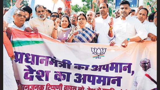 Haryana BJP president Archana Gupta at a party protest in Rohtak on Monday. (HT Photo)