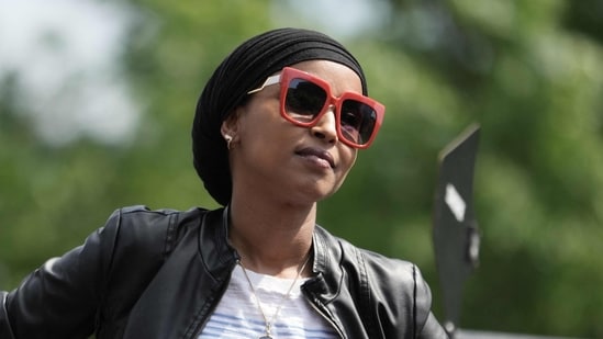 US Representative Ilhan Omar at a protest near the White House during on May 1, 2025.
