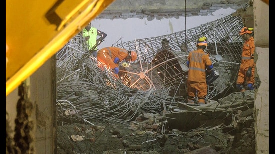 NDRF carries out search and rescue operations following a building collapse at Milan Garden, Harsh Vihar on October 25. (ANI Video Grab)