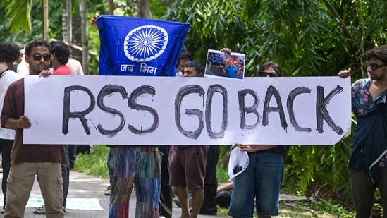 Satyajit Ray Film and Television Institute (SRFTI) students stage a demonstration after a clash erupted on Sunday over an RSS-linked outfit's event, in Kolkata, Monday, Sept. 28, 2026. (PTI)