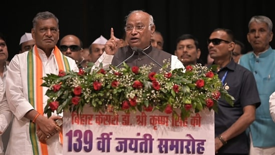 Congress President Mallikarjun Kharge addresses the gathering during an event marking the 139th birth anniversary of Shri Krishna Singh. (@INCIndia/X)