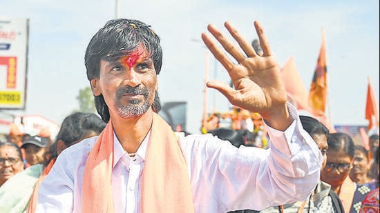 Pune, India. Jan 24, 2024 - Maratha activist Manoj Jarange - Patil started the Marataha Aarakshan Morcha with thousands of Supporters from Antarwali Sarati in Jalna district of Maharashtra to Mumbai. demanding Maratha reservation. The morcha will reach Mumbai on 26th. Jan 24, 2024. (Photo by Raju Shinde/ HT Photo)
