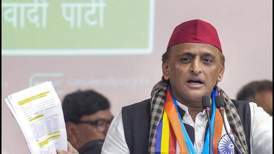 Samajwadi Party national president Akhilesh Yadav during a press conference in Lucknow on Monday. (PTI PHOTO)