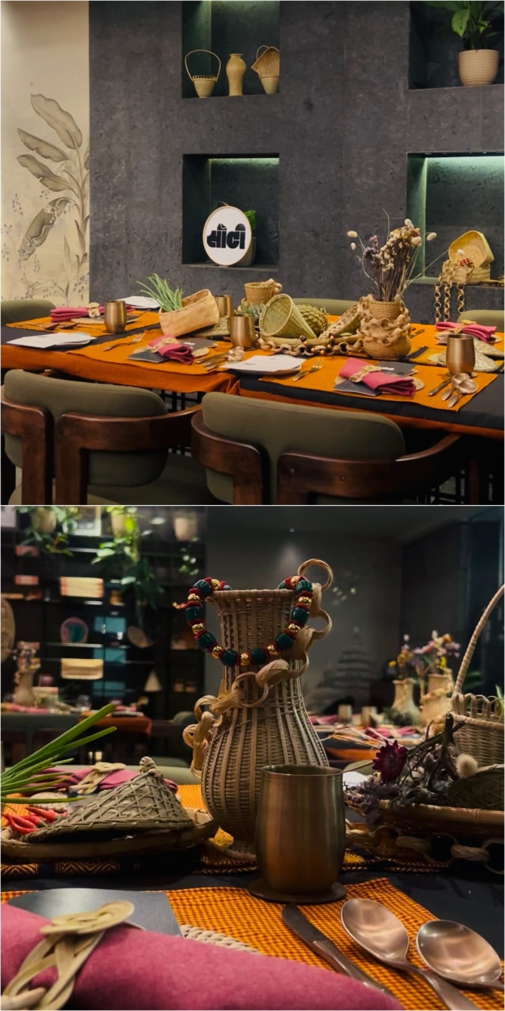 The curated table settings and ambient dining room decor at Tijouri in Radisson Blu Atria, Bengaluru, decorated with hand-loomed textiles, native beaded necklaces, and indigenous bamboo centrepieces. (Pics: Sanya Panwar) The curated table settings and ambient dining room decor at Tijouri in Radisson Blu Atria, Bengaluru, decorated with hand-loomed textiles, native beaded necklaces, and indigenous bamboo centrepieces. (Pics: Sanya Panwar)