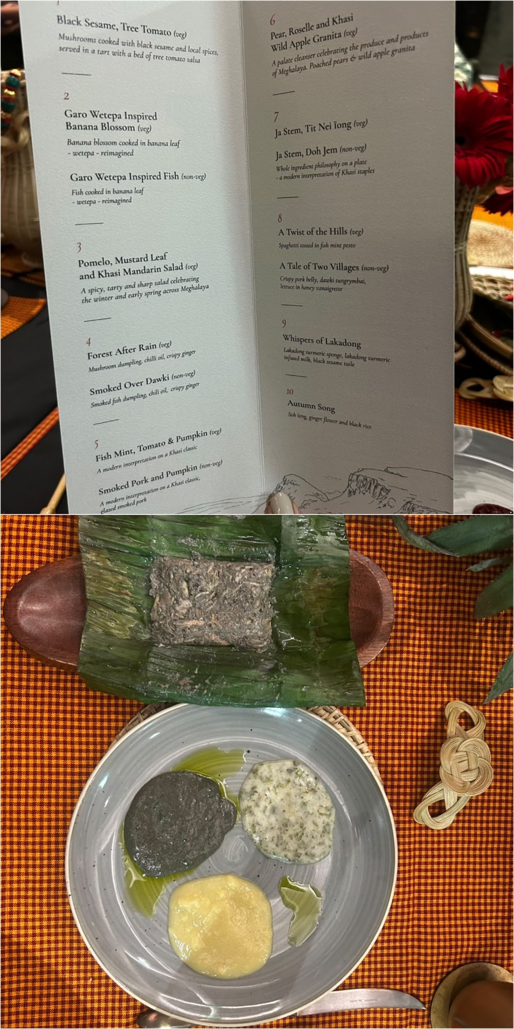 The printed 10-course pop-up tasting menu, and course 2 inspired by traditional Garo wetepa techniques, featuring food wrapped and steamed in banana leaves alongside local purees and sauces. (Pics: Sanya Panwar) The printed 10-course pop-up tasting menu, and course 2 inspired by traditional Garo wetepa techniques, featuring food wrapped and steamed in banana leaves alongside local purees and sauces. (Pics: Sanya Panwar)