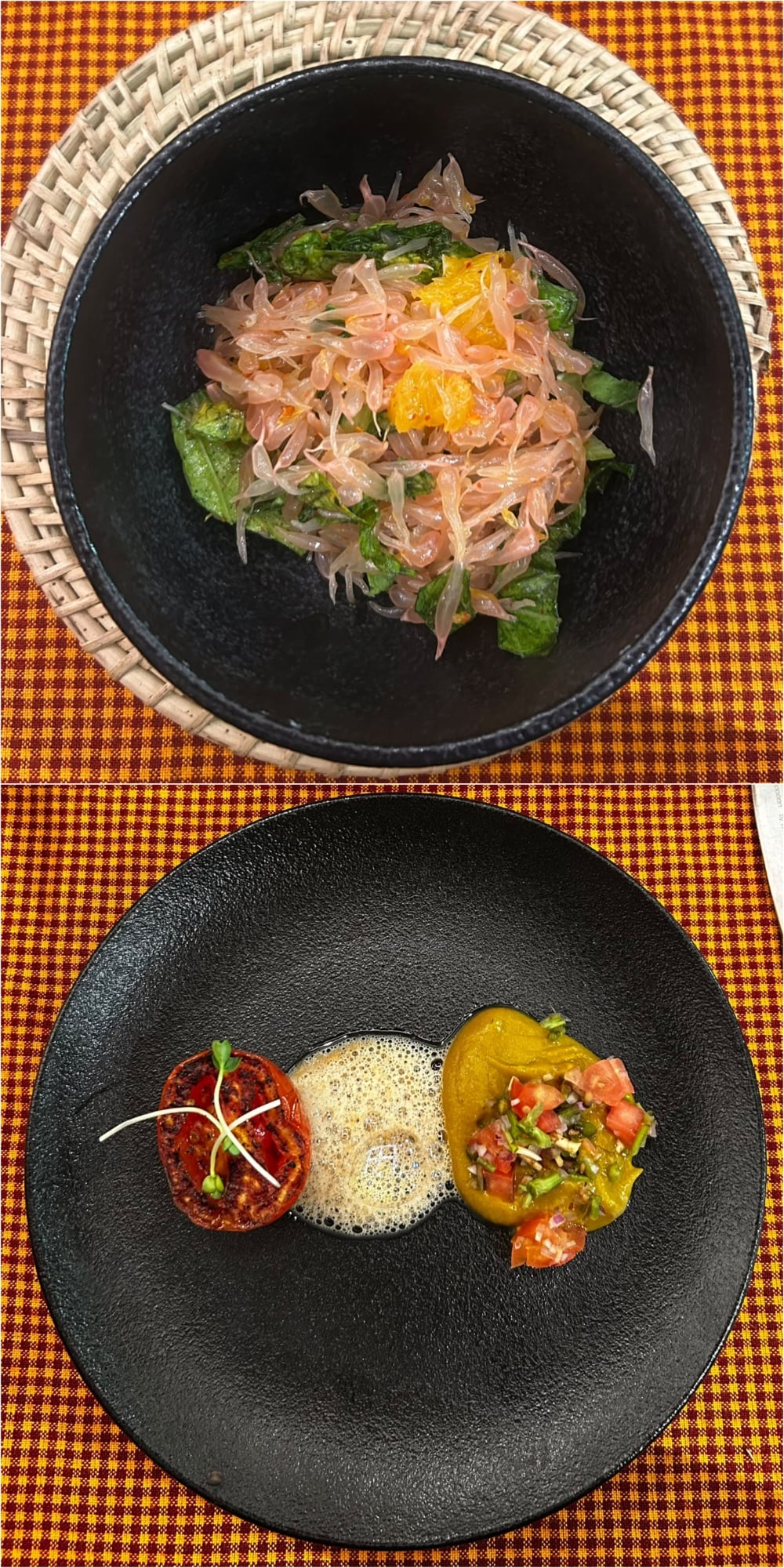 A showcase of early courses featuring pomelo, mustard leaf and Khasi mandarin salad, along with course 5: fish mint, tomato and pumpkin, served with charred tomato and silky pumpkin puree. (Pics: Sanya Panwar) A showcase of early courses featuring pomelo, mustard leaf and Khasi mandarin salad, along with course 5: fish mint, tomato and pumpkin, served with charred tomato and silky pumpkin puree. (Pics: Sanya Panwar)