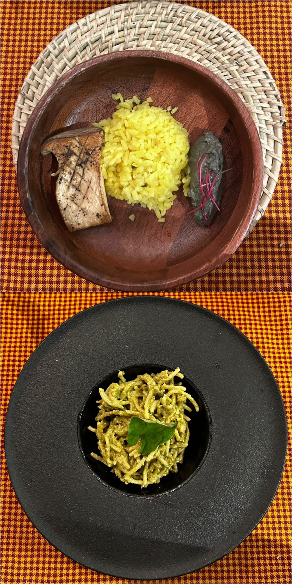 Course 7: turmeric-dyed yellow rice paired with black sesame mushrooms. Course 8: pasta tossed in indigenous fish mint pesto. (Pics: Sanya Panwar) Course 7: turmeric-dyed yellow rice paired with black sesame mushrooms. Course 8: pasta tossed in indigenous fish mint pesto. (Pics: Sanya Panwar)