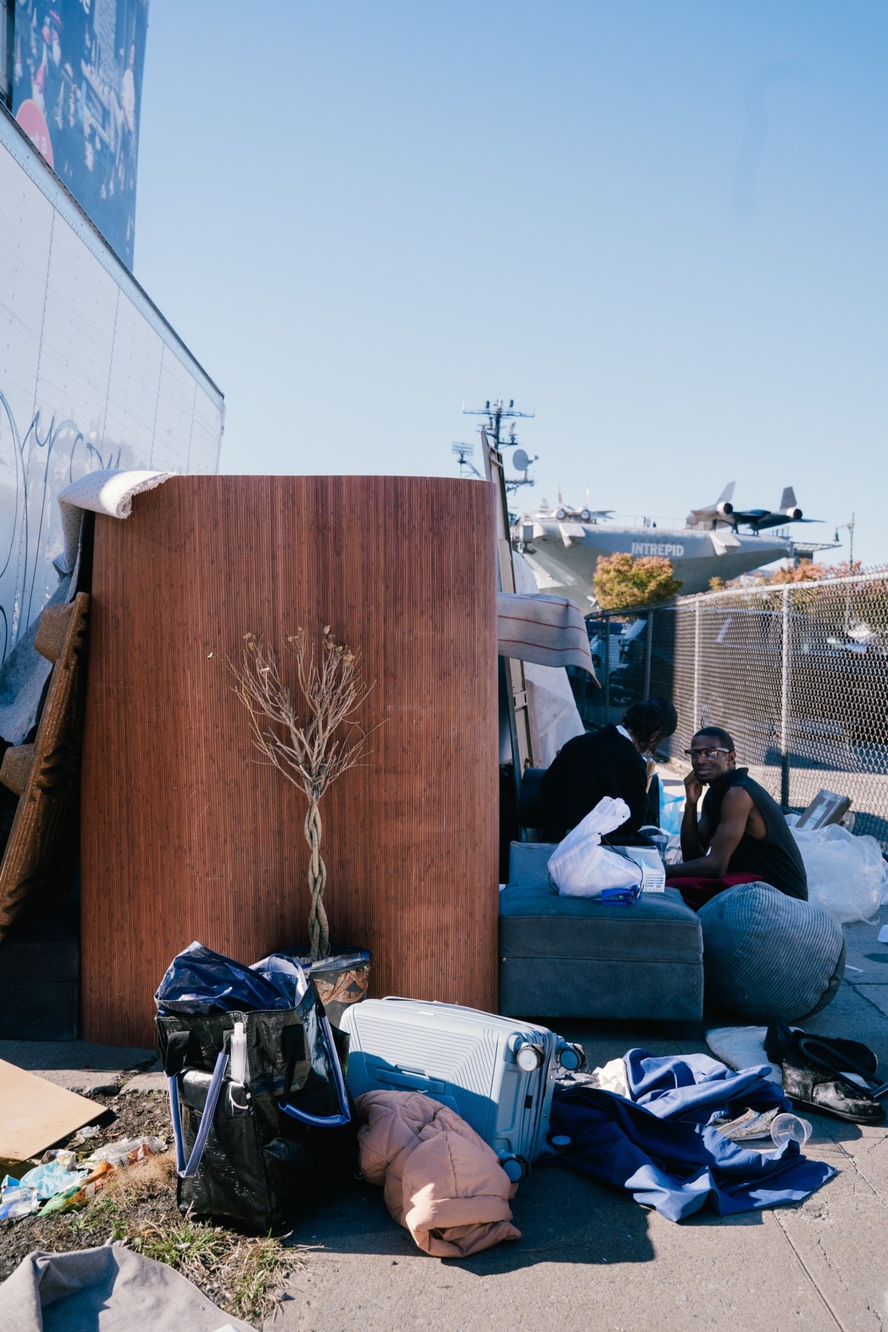 An encampment on W. 45th Street, across from the Intrepid Museum in Manhattan. PAOLA CHAPDELAINE FOR WSJ An encampment on W. 45th Street, across from the Intrepid Museum in Manhattan. PAOLA CHAPDELAINE FOR WSJ
