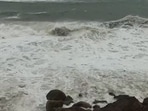 A view of unusual rough sea conditions along the coast under the impact of Cyclone Arnab, in Visakhapatnam on Tuesday. 