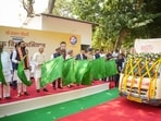 Bihar chief minister Samrat Chaudhary flags off an LED van during the inauguration of the month-long “Drug-Free Bihar” campaign at Adhiveshan Bhawan in Patna on Tuesday. (Pappi Sharma/ANI)