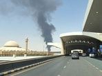 Large plume of black smoke rises from the fuel storage area at King Khalid International Airport, in Riyadh, Saudi Arabia, September 19, 2026.