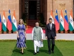Prime Minister Narendra Modi with Hereditary Prince Alois and Hereditary Princess Sophie of Liechtenstein before a bilateral meeting, at Hyderabad House, in New Delhi, Tuesday, Oct. 27, 2026.(PTI)