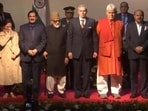 Jammu and Kashmir lieutenant governor Manoj Sinha and chief minister Omar Abdullah with the new ministers after the oath-taking ceremony in Srinagar on Tuesday.