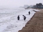 Rough sea conditions prevail ahead of the expected landfall, in Visakhapatnam (PTI)