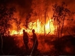 Firefighters work on cointaining a wildfire in Banjarbaru, South Kalimantan province, on October 13, 2026.