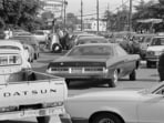 Cars wait in long lines during the gas shortage in the US. 