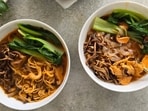 Simrun Chopra shares both vegetarian and non-vegetarian versions of the ramen bowl recipe. 