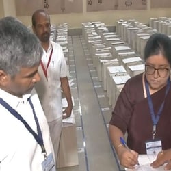 Vote counting underway at the Gulbarga University counting centre in Kalaburagi, Karnataka, for the North-East Teachers' Legislative Council constituency election.