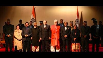 (From left) Altaf Ahmad Wani, Shameema Firdous, Saifullah Mir and Ali Mohammad Sagar with CM Omar Abdullah and lieutenant governor Manoj Sinha in Srinagar on Tuesday. (HT photo) (From left) Altaf Ahmad Wani, Shameema Firdous, Saifullah Mir and Ali Mohammad Sagar with CM Omar Abdullah and lieutenant governor Manoj Sinha in Srinagar on Tuesday. (HT photo)