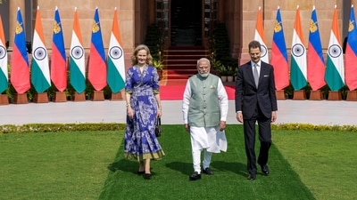 Prime Minister Narendra Modi with Hereditary Prince Alois and Hereditary Princess Sophie of Liechtenstein before a bilateral meeting, at Hyderabad House, in New Delhi, Tuesday, Oct. 27, 2026. (PTI) Prime Minister Narendra Modi with Hereditary Prince Alois and Hereditary Princess Sophie of Liechtenstein before a bilateral meeting, at Hyderabad House, in New Delhi, Tuesday, Oct. 27, 2026. (PTI)