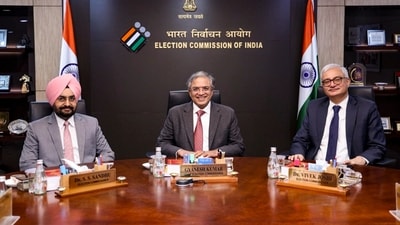 Chief Election Commissioner Gyanesh Kumar with Election Commissioners S S Sandhu and Vivek Joshi during a meeting. (@ECISVEEP/File) Chief Election Commissioner Gyanesh Kumar with Election Commissioners S S Sandhu and Vivek Joshi during a meeting. (@ECISVEEP/File)