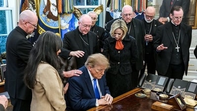 President Donald Trump praying at Oval Office with archbishops and bishops. President Donald Trump praying at Oval Office with archbishops and bishops.