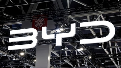 FILE PHOTO: The BYD logo at the 2026 Paris Motor Show in Paris, France, October 16, 2026. REUTERS/Benoit Tessier/File Photo (REUTERS)