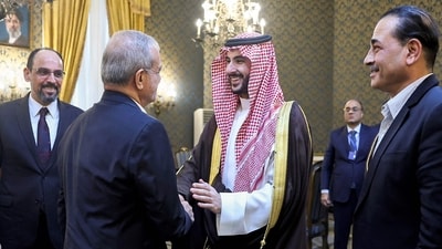 Iran's President Masoud Pezeshkian (C-L) shaking hands with Saudi Arabia's Defence Minister Prince Khalid bin Salman Al-Saud after a meeting with the Pakistani army chief and the Turkish intelligence chief in Tehran on October 26, 2026. (AFP) Iran's President Masoud Pezeshkian (C-L) shaking hands with Saudi Arabia's Defence Minister Prince Khalid bin Salman Al-Saud after a meeting with the Pakistani army chief and the Turkish intelligence chief in Tehran on October 26, 2026. (AFP)