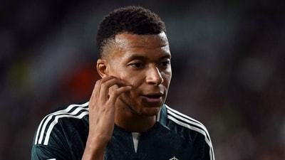 Kylian Mbappe reacts during the Spanish league football match between Elche CF and Real Madrid CF. Kylian Mbappe reacts during the Spanish league football match between Elche CF and Real Madrid CF.