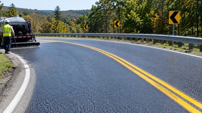 Representative image of a winding roadway treated with a high-friction surface to improve tire grip and reduce wet-weather crashes. (AI-generated) Representative image of a winding roadway treated with a high-friction surface to improve tire grip and reduce wet-weather crashes. (AI-generated)