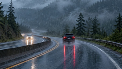 A rain-slicked mountain curve, the kind of road South Carolina treated with high-friction surfacing on a mile of US 25 in 2008. (AI-generated/ChatGPT) A rain-slicked mountain curve, the kind of road South Carolina treated with high-friction surfacing on a mile of US 25 in 2008. (AI-generated/ChatGPT)