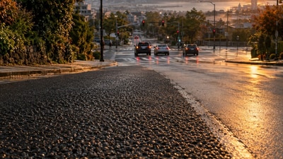 A downhill intersection approach covered in a high-friction surface, the kind of treatment Bellevue used in 2004. (AI-generated/ChatGPT)