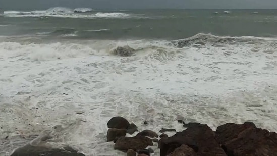 A view of unusual rough sea conditions along the coast under the impact of Cyclone Arnab, in Visakhapatnam on Tuesday.