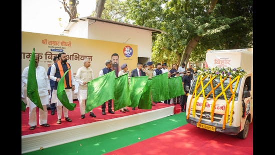 Bihar chief minister Samrat Chaudhary flags off an LED van during the inauguration of the month-long “Drug-Free Bihar” campaign at Adhiveshan Bhawan in Patna on Tuesday. (Pappi Sharma/ANI)