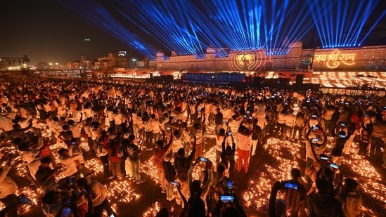26.17 lakh diyas lit at the same place as 2,128 people performed 'aarti' together for the grand Deepotsav celebrations in Ayodhya.