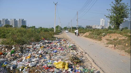 Garbage dumped along a road in Sector 72, Gurugram, on Tuesday. (Parveen KumarHT Photo)