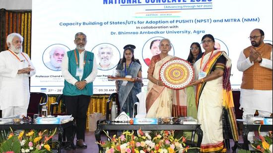 Governor Anandiben Patel and others at the National Conclave 2026 in Agra on Tuesday. (HT)