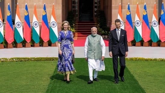 Prime Minister Narendra Modi with Hereditary Prince Alois and Hereditary Princess Sophie of Liechtenstein before a bilateral meeting, at Hyderabad House, in New Delhi, Tuesday, Oct. 27, 2026.