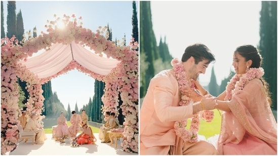 Anjana Arjun and Isaiah Nutter married at Villa Cetinale in Italy. Their wedding included an Indian ceremony with a floral pink mandap. (Instagram/ anj204)