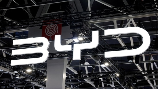 FILE PHOTO: The BYD logo at the 2026 Paris Motor Show in Paris, France, October 16, 2026. REUTERS/Benoit Tessier/File Photo