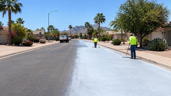 Representative image of a road with reflective pavement treatment, illustrating the city's 2020 effort to reduce pavement temperatures in heat-baked communities.